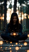 Young woman in dark sweater sitting cross-legged in forest with magical glowing light particles floating around her hands, creating mystical atmosphere at sunset.