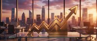 Upward trending golden arrow and graph on office desk with city skyline view at sunset, representing financial growth and business success for corporate presentations.