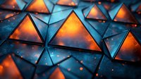 Glowing orange triangular shapes on dark blue background create abstract geometric pattern with light effects and bokeh elements for modern design projects.