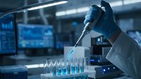 Scientist in blue gloves using pipette in modern laboratory with test tubes and digital monitors for medical research and pharmaceutical development.