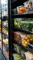 Fresh produce and ingredients in transparent containers on black refrigerated shelves at grocery store, showing colorful vegetables, fruits and prepared foods.