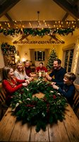 Happy Caucasian family gathering around rustic wooden table with evergreen centerpiece in cozy Christmas decorated home with warm lighting and festive garland.