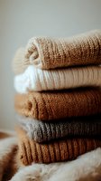 Stack of folded knit sweaters in neutral earth tones from beige to brown, showing cozy wool texture and ribbed pattern detail, creating warm autumn mood.