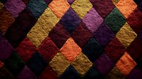 Vibrant diamond pattern with rich textured squares in gold, purple, orange and deep green creates dramatic geometric composition with luxurious metallic sheen effect.