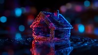 Glowing digital house wireframe on circuit board with red and blue neon lights against dark background with bokeh effect, representing smart home technology.