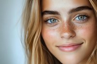 Close-up portrait of young woman with blonde hair, blue eyes, and natural freckles smiling gently against soft light background.