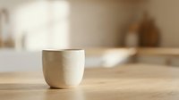 Minimalist ceramic cup on wooden table in bright kitchen setting, suitable for home decor, lifestyle, and tableware design projects.