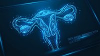 Glowing polygonal female reproductive system on dark blue background, digital anatomy concept with connected dots and lines.