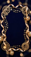 Elegant New Year frame with golden clocks, ribbons and ornaments on dark blue background with bokeh lights for holiday greeting cards and invitations.