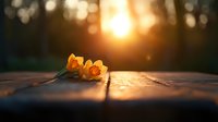 Yellow daffodils on rustic wooden surface at sunset with golden bokeh background, creating atmospheric spring mood with warm sunlight and shadows.