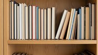 Wooden bookshelf with organized collection of books in neutral tones, perfect for educational and literary content creation.