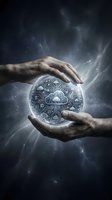 Two hands cradling glowing sphere with cloud computing network icons against cosmic starry background. Represents digital innovation, technology protection, data management, and future connectivity solutions.