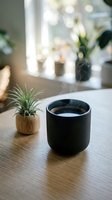 Black ceramic coffee cup and small air plant on wooden table in bright modern cafe with blurred background creating cozy morning atmosphere.