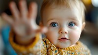 Adorable baby with bright blue eyes wearing yellow knit sweater reaches palm toward camera, creating engaging perspective and emotional connection.