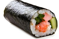Fresh sushi roll with salmon, cucumber, and rice wrapped in crisp nori seaweed against white background, macro food photography for restaurant menu design.