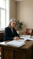 Senior Caucasian businesswoman with gray hair and glasses reviewing documents at wooden desk in professional office setting.