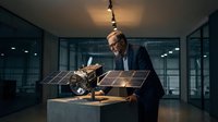 Mature male professional in business suit examining solar panel satellite model in modern office environment with glass windows and contemporary lighting setup.