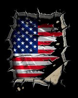 Torn and ripped American flag emerging through cracked concrete wall, dramatic lighting effect on stars and stripes against dark background creates depth and dimension.