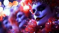 Pale-skinned performer with theatrical makeup and glitter costume poses among colorful bokeh lights and blurred figures, suitable for entertainment, circus, and event marketing materials.