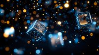 Glowing blue ice cubes floating in dark space with golden bokeh lights creating magical atmosphere. Abstract background with frozen water crystals and sparkling particles.
