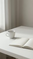 White ceramic mug and open notebook on minimalist desk with natural light, suitable for lifestyle, productivity, and editorial design projects.