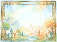 Silhouettes of families and children playing outdoors in scenic landscape with mountains, trees, and crescent moon at sunset, framed with ornate golden border, watercolor style illustration for children's books and educational materials.