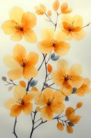 Delicate orange blossoms with translucent petals on graceful branches against soft beige background, featuring gentle watercolor style and flowing botanical composition.