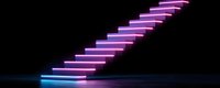 Glowing neon stairs ascending into darkness with vibrant pink and blue lighting effects creating futuristic atmosphere, modern minimalist architectural element on black background.