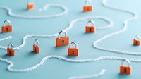 Red padlocks connected by white string paths on light blue background, creating abstract network pattern representing digital security and data protection concept.