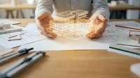 Architect or engineer holding glowing wireframe building model over blueprints and sketches on wooden desk, representing construction planning and design innovation.