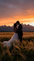 Romantic bride and groom embracing in golden wheat field at sunset with dramatic mountain backdrop for wedding photography and love concepts.