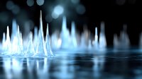 Ethereal blue crystal formations rise from reflective surface against dark background, creating mystical atmosphere with bokeh light effects and mirror reflections.