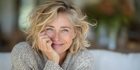 Mature blonde woman with tousled hair smiling warmly while resting her face on hand, wearing cozy gray sweater against soft blurred background.