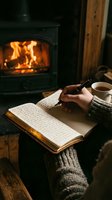 Person holding pen over open journal with hot beverage nearby, sitting by fireplace with crackling flames in background, cozy indoor setting for writing, journaling, relaxation, and winter activities.