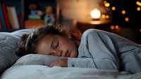 Young woman sleeping peacefully in bed at night with soft warm lighting and bokeh effects in background, cozy bedroom atmosphere with comfortable blanket.