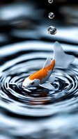 Orange and white koi fish swimming in rippled water with falling water drops creating concentric circles on surface, dramatic lighting enhances tranquil scene.