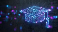 Digital graduation cap made of glowing blue and purple connected dots and lines on dark tech background for education technology concepts.