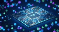 Advanced microprocessor chip with glowing blue circuits and electronic pathways on dark background with colorful bokeh lights for technology concepts.