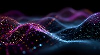 Abstract digital wave of glowing particles in purple, blue and pink colors on black background, representing data visualization or technology concept.