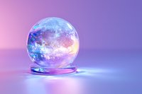 Glowing crystal ball with mystical iridescent colors on purple background, magical fortune telling sphere radiating ethereal blue and pink light reflections.