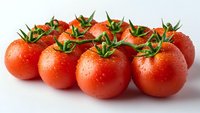 Fresh red tomatoes with green stems and water droplets on white background isolated for cooking and healthy eating concepts.