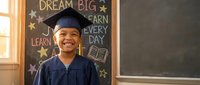 Happy young African American boy in graduation cap and gown smiling in classroom with motivational chalkboard message about dreaming big and learning.