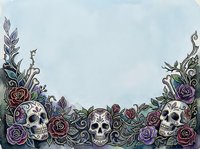 Ornate skulls with burgundy and purple roses, decorative foliage, and ornamental swirls on light blue background. Suitable for gothic designs, apparel, and creative projects.