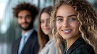 Young diverse business team in modern office, focus on confident professional woman with curly blonde hair smiling at camera, leadership concept.