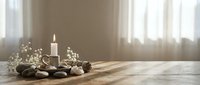 Peaceful spa wellness arrangement with burning candle, smooth stones, dried flowers on wooden table in soft natural light for relaxation and meditation.