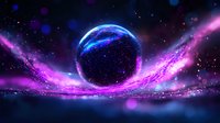 Mystical cosmic sphere floating in purple nebula space with glowing energy waves and starry universe background. Surreal astronomy art concept.