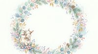 Watercolor deer surrounded by eucalyptus, lavender flowers, and foliage forming circular frame on isolated white background for design projects.