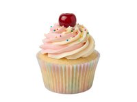 Vanilla cupcake with pink and cream frosting swirls, colorful sprinkles, and red cherry on top, isolated on white background for bakery, dessert, and confectionery design projects.