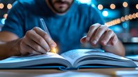 Hispanic male student studying with open book at night, writing notes under warm bokeh lights. Focused learning atmosphere with soft illumination creates peaceful study environment.