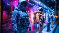 Astronauts in tactical gear standing in futuristic neon-lit corridor with cosmic purple atmosphere and reflective surfaces creating dramatic sci-fi environment.